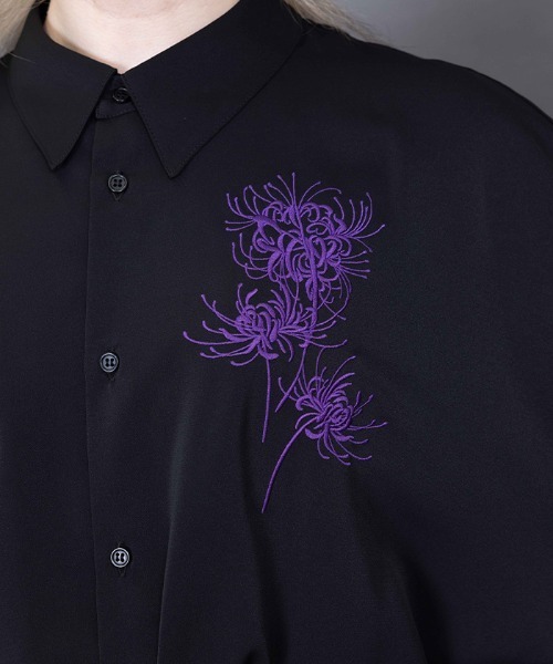 REZEN 彼岸花刺繍半袖シャツ　彼岸花レイヤード袴パンツ　真紅　上下セット 明日発売 彼岸花刺繍半袖シャツ ¥10,450 彼岸花レイヤード袴パンツ