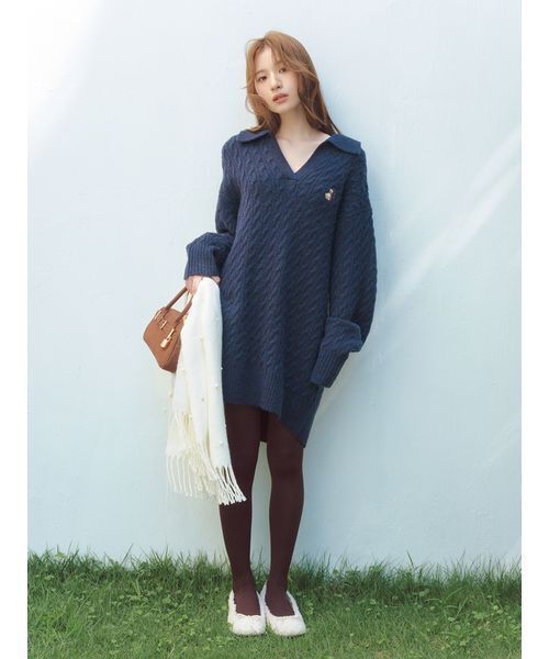 【新品未使用】 　 ケーブルニットワンピース　ネイビー LILY BROWN（リリーブラウン） ワンピース Lily Bearケーブルニット