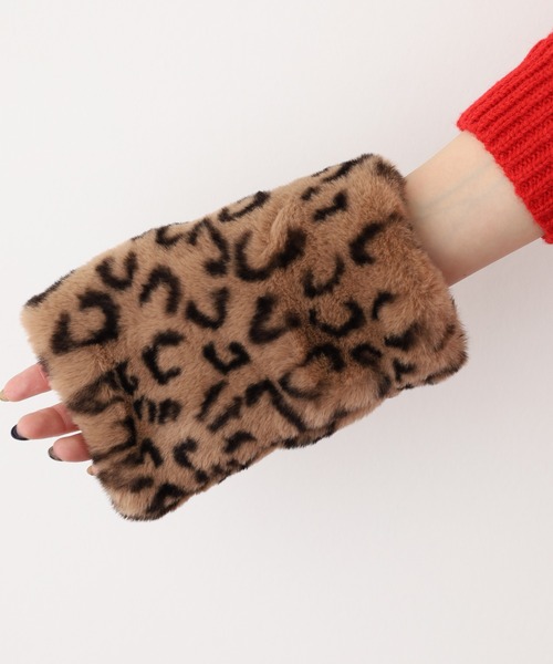 手袋 アニマル柄フェイクファーオープンフィンガーグローブ レディース