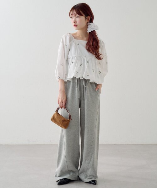 スウェットパンツ ジャージ 「無地＆花柄/2サイズ展開/低身長サイズ」フラワーステッチスウェットパンツ レディースの画像