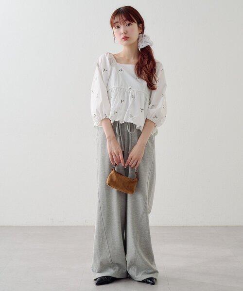 スウェットパンツ ジャージ 「無地＆花柄/2サイズ展開/低身長サイズ」フラワーステッチスウェットパンツ レディースの画像
