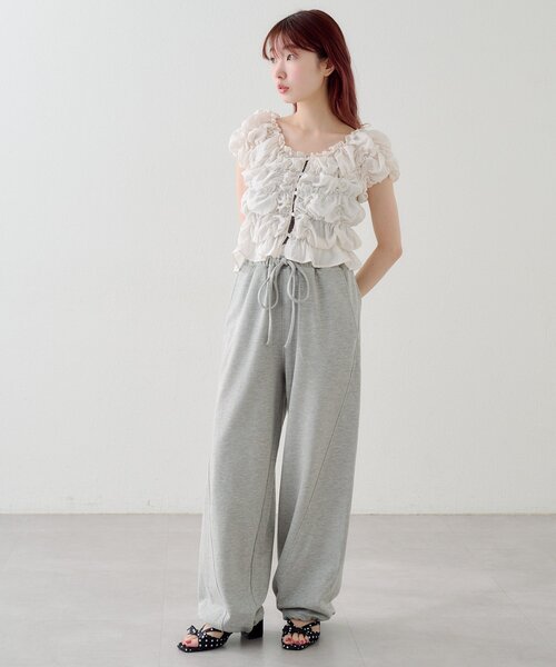 スウェットパンツ ジャージ 「無地＆花柄/2サイズ展開/低身長サイズ」フラワーステッチスウェットパンツ レディースの画像