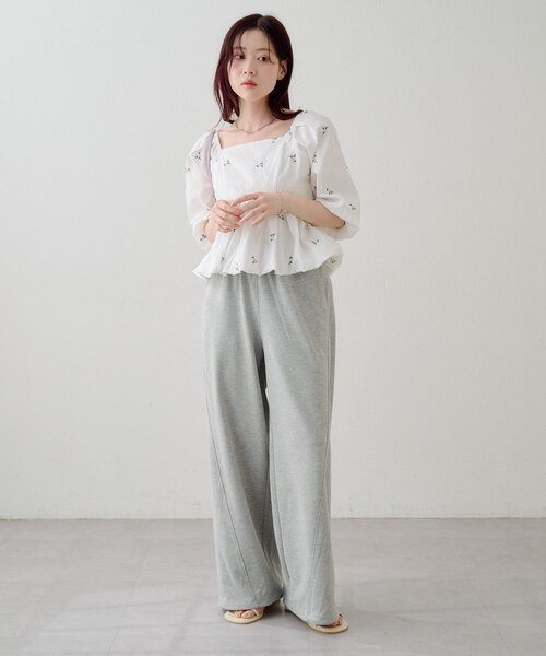 スウェットパンツ ジャージ 「無地＆花柄/2サイズ展開/低身長サイズ」フラワーステッチスウェットパンツ レディースの画像