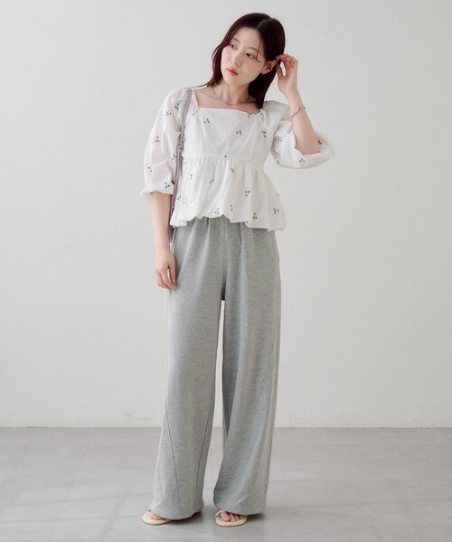 スウェットパンツ ジャージ 「無地＆花柄/2サイズ展開/低身長サイズ」フラワーステッチスウェットパンツ レディースの画像