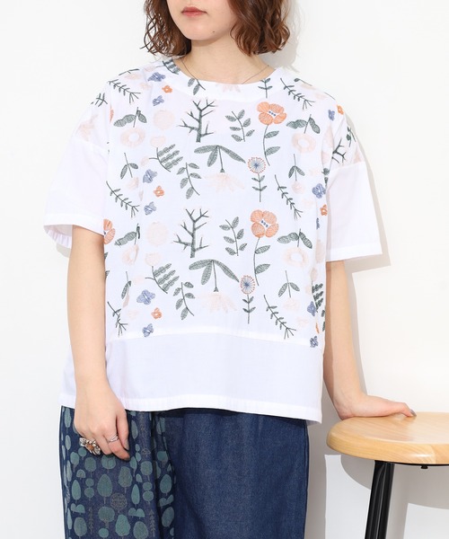 Emago（イマゴ） リネンシャツ ブラウス シャツ 夏 半袖 お花刺繍