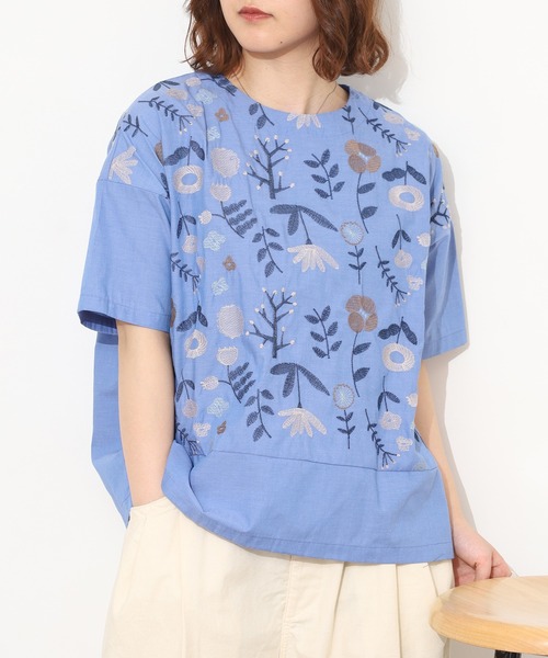 Emago（イマゴ） ブラウス シャツ お花刺繍切替えブラウス 半袖 