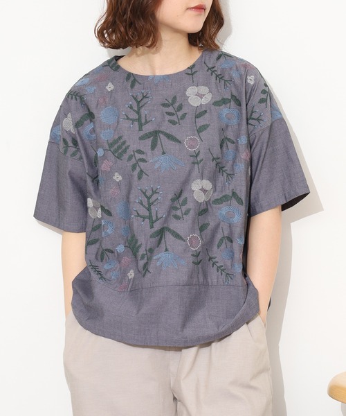 Emago（イマゴ） リネンシャツ ブラウス シャツ 夏 半袖 お花刺繍 