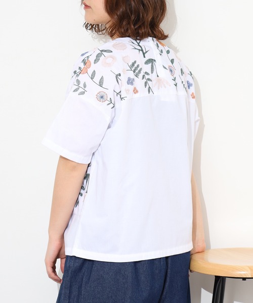 Emago（イマゴ） リネンシャツ ブラウス シャツ 夏 半袖 お花刺繍