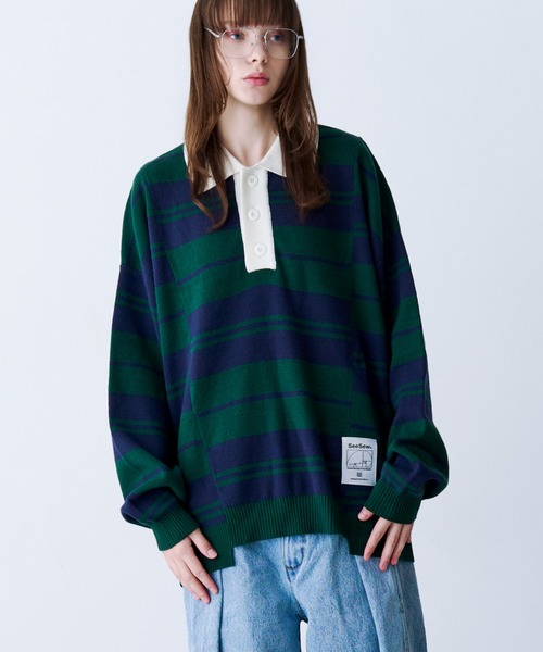 Blu Bre ボーダー ニットポロシャツ SeeSew ポロシャツ 「UNISEX」BORDER KNIT POLO/ボーダーニット
