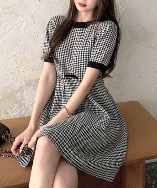 ワンピース 千鳥柄サマーニットフレアミニワンピース Zozotown Yahoo 店 通販 Yahoo ショッピング