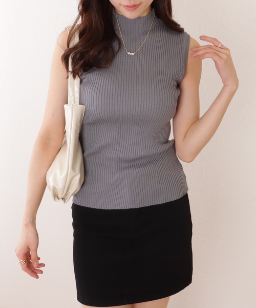 Lace Ladies ニット セーター プチハイネック ノースリーブ リブ