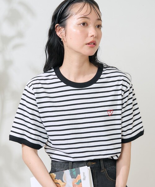 FREAK'S STORE tシャツ ワンポイントハート刺繍 ボーダー