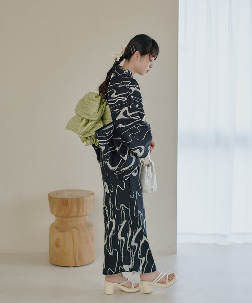 kastane ヴィンテージアート滝流れ浴衣＆帯SET 浴衣 ネイビー セール】【全4色】ヴィンテージアート滝流れ浴衣＆帯SET（浴衣