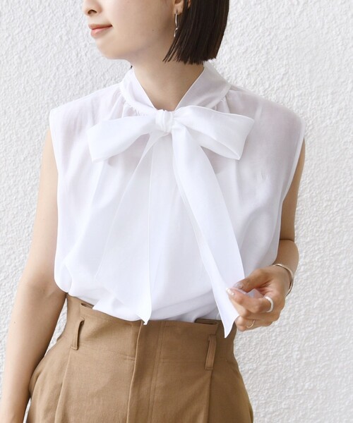 未使用級✨Sov. ソブ　シルクオーガンジーチェックブラウス　半袖　S リボン Sov. - Sov. シルクオーガンジーチェックブラウスの通販 by