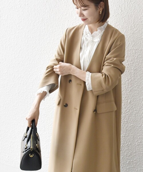 SHIPS any:「洗濯機可能」ダブルクロス ノーカラー コート 「NAVY BLUE  