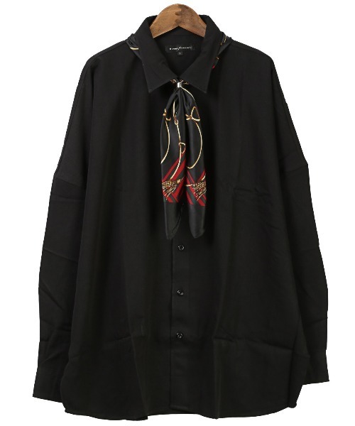 2色 メンズ 長袖 スカーフ付き フロントボタン シンプル シャツ LUXSTYLE シャツ スカーフ付き無地ポリレーヨンビッグ長袖シャツ