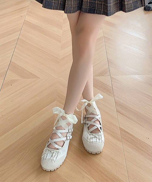 【新品未使用】フェイクレザー ストラップ バレエシューズ　パンプス Lace Ladies パンプス レザー調 クロスストラップ レースアップ