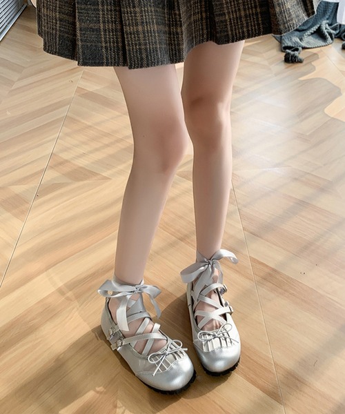 Lace Ladies パンプス レザー調 クロスストラップ レースアップ