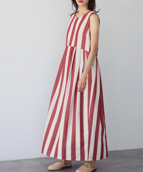 ストライプ刺繍ノースリーブロングワンピース ELFRANK ワンピース ストライプノースリーブロングワンピース