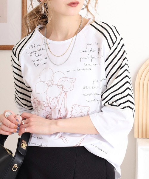 tシャツ BRODIAEA ボーダー切り替えカットソー 刺繍5分袖Ｔシャツ レディース