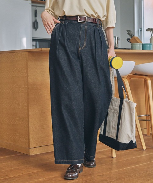 ジーンズ デニム デニムパンツ ハイウエスト タック ワイド