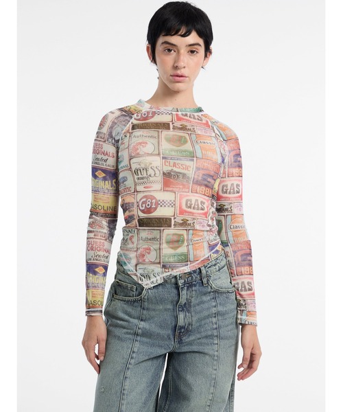tシャツ GUESS Originals Printed Raglan Mesh Top 長袖カットソー レディース