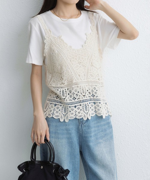 ホワイト かぎ編み キャミソール ホワイト かぎ編み キャミソール キャミソール かぎ編みニットビスチェ