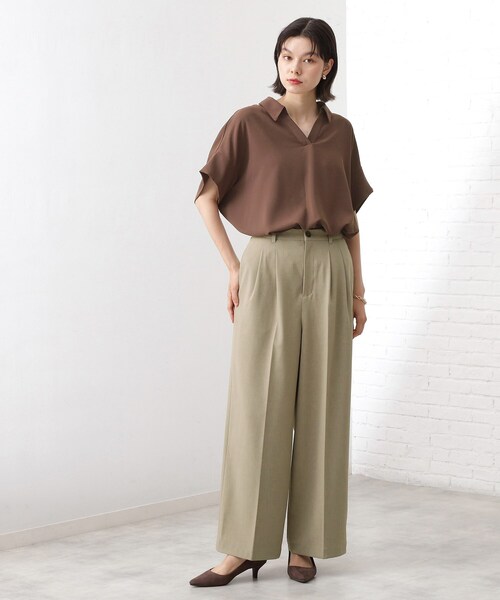 微シアー＆微光沢シワ加工スキッパーシャツ THE SHOP TK ブラウス シャツ スキッパーシャツ「防シワ/接触冷