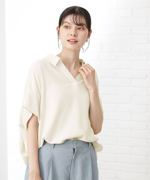 微シアー＆微光沢シワ加工スキッパーシャツ THE SHOP TK ブラウス シャツ スキッパーシャツ「防シワ/接触冷