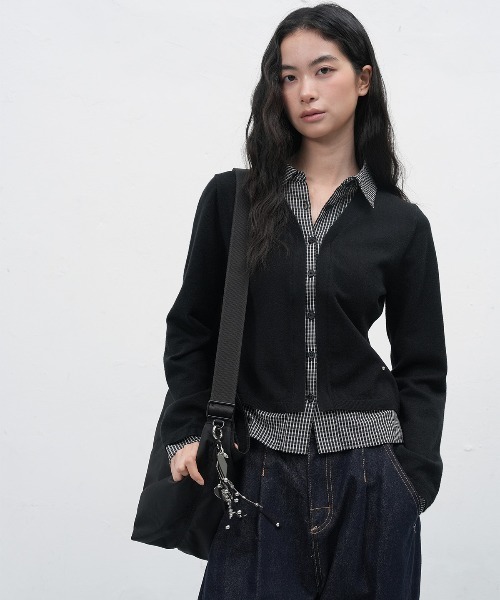 GENERAL IDEA WOMAN シャツレイヤード風ニットカーディガン M GENERAL IDEA カーディガン 「GENERAL IDEA」シャツレイヤード風ニット