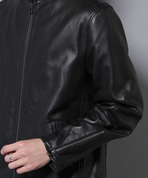 【羊革】NANO UNIVERSE レザージャケット 黒 XL スタンドカラー NANO universe（ナノ・ユニバース） レザーブルゾン X-LARGE ブラック