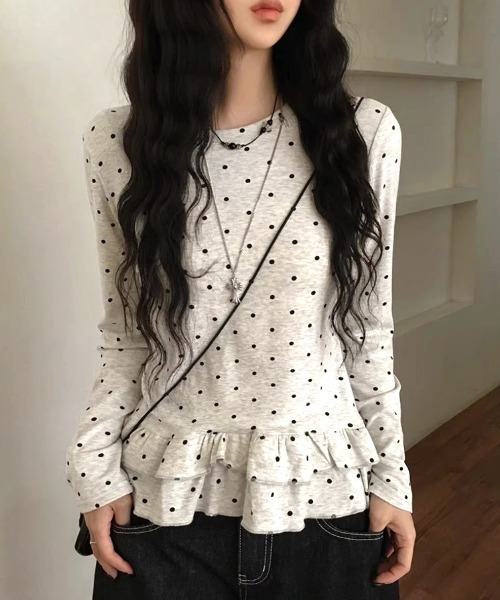 オーダーリメイク　Tシャツ　ドットフリル 4INT. tシャツ ラブリー ドット フリル 切り替え 半袖 Tシャツ