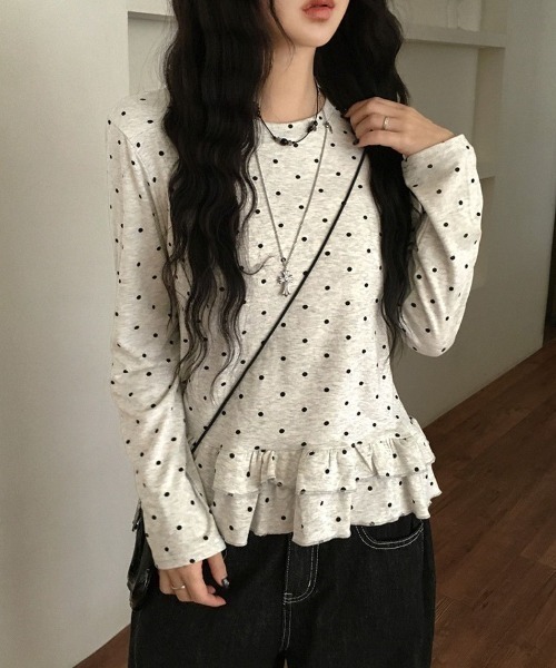 フリル付きドット柄長袖シャツ Mサイズ tシャツ フリルドット柄トップス レディース : ZOZOTOWN Yahoo!店