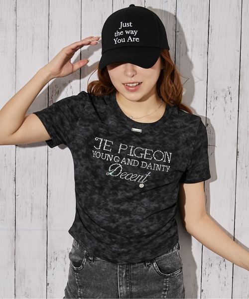 tシャツ 半袖 「ラインストーンロゴ×ムラ染め」Tシャツ／ストリート