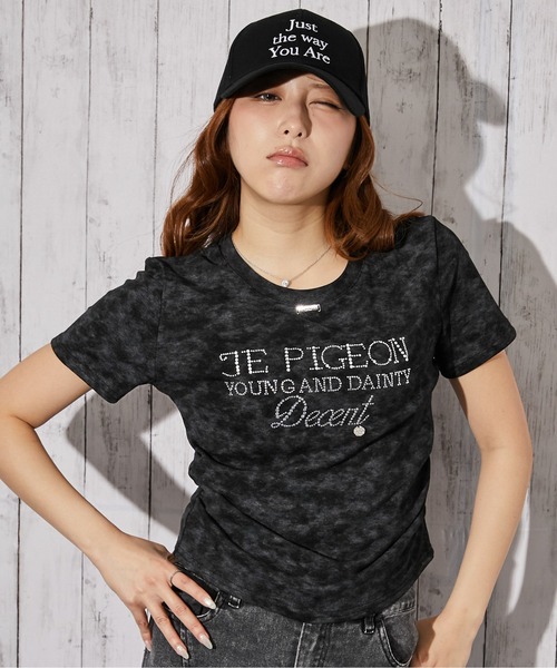 STONE  ブラック 半袖 Tシャツ バックプリント tシャツ 半袖 「ラインストーンロゴ×ムラ染め」Tシャツ／ストリート