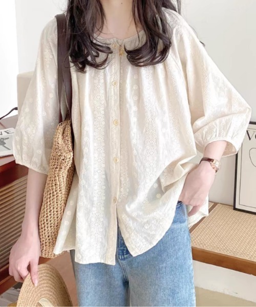 ブラウス シャツ 刺繍レースバンドカラーブラウス レディース 