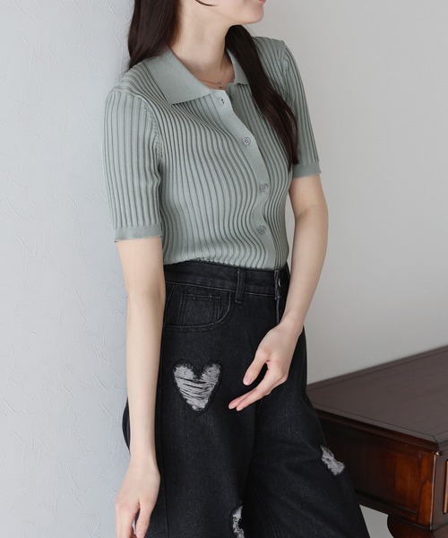 「BLUEEAST」 半袖ニット MEDIUM ネイビー レディース_画像3