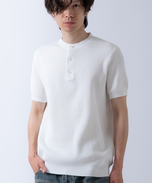 セーター ニット ヘンリーネック リブニット 半袖 Tシャツ メンズ