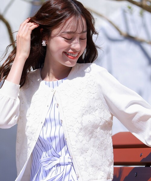 Tiaclasse カーディガン 「洗える」7分袖前身レースカーディガン