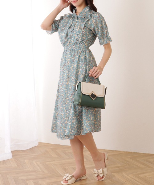 Lace Ladies ワンピース ボウタイ付き ウエスト シャーリング 