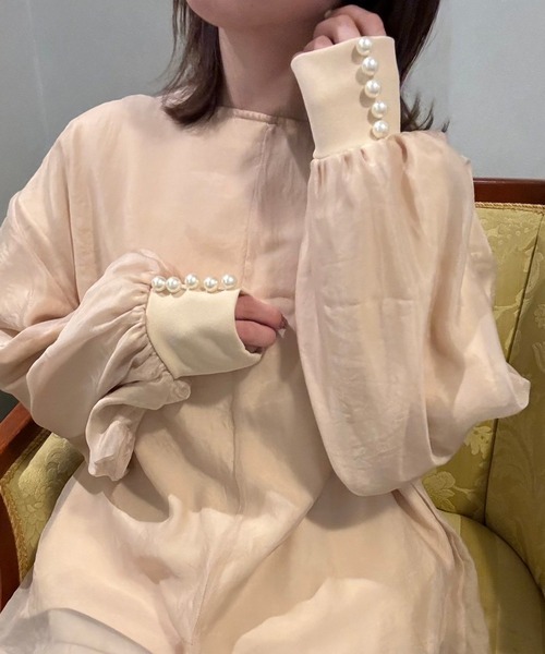 tシャツ 袖パールバックりぼんレイヤードプルオーバー レディース
