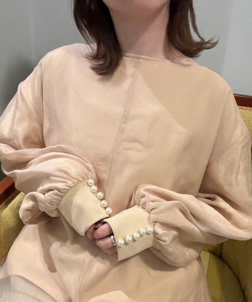 tシャツ 袖パールバックりぼんレイヤードプルオーバー