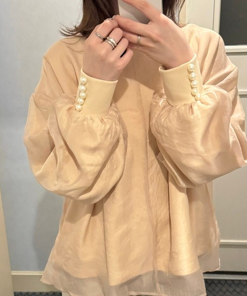 tシャツ 袖パールバックりぼんレイヤードプルオーバー レディース tシャツ 袖パールバックりぼんレイヤードプルオーバー