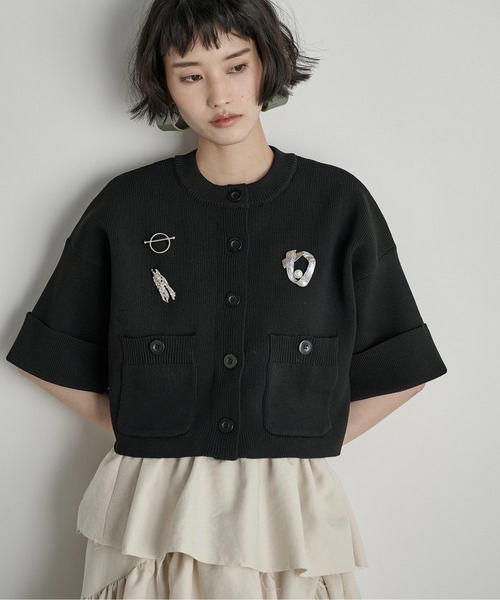 THE Yon カーディガン ゴム編み半袖クロップドニットカーディガン