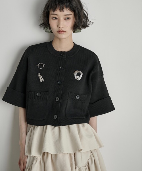 THE Yon カーディガン ゴム編み半袖クロップドニット