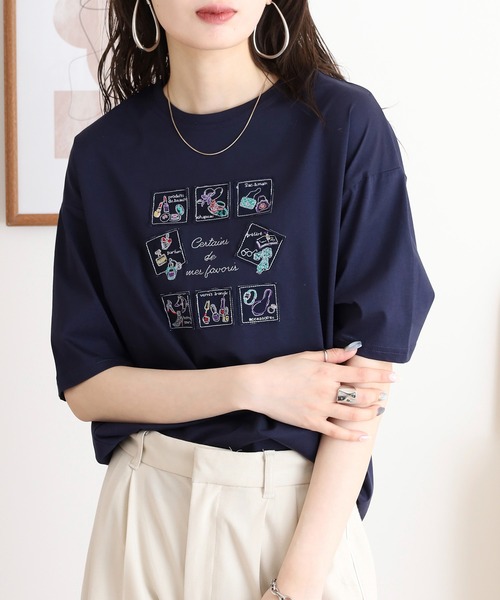 【美品】　ロロピアーナ　刺繍デザインシルクコットンクルーネックTシャツイタリア製 tシャツ 半袖 BRODIAEA 切手モチーフ刺繍半袖Tシャツ レディース