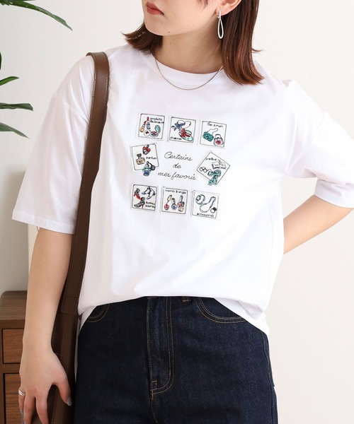 tシャツ BRODIAEA 切手モチーフ刺繍半袖Ｔシャツ レディース
