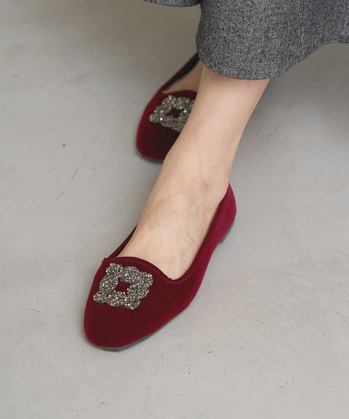 未使用　IENA MALUS/マリュス VELVET SHOES 38 レッド IENA シューズ MALUS/マリュス VELVET BIJOU SHOES レディース