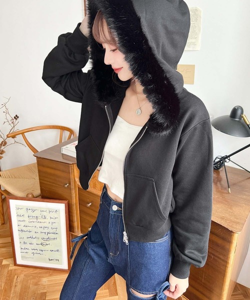 moment+ パーカー ファーフードダブルジップショートパーカー