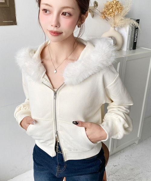 moment+ パーカー ファーフードダブルジップショートパーカー